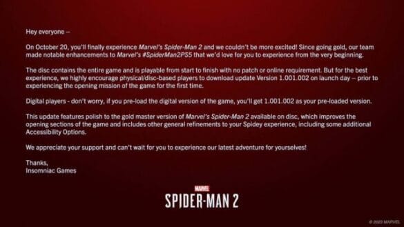 Los propietarios del disco Marvel's Spider-Man 2 aún deberían descargar el parche del primer día

