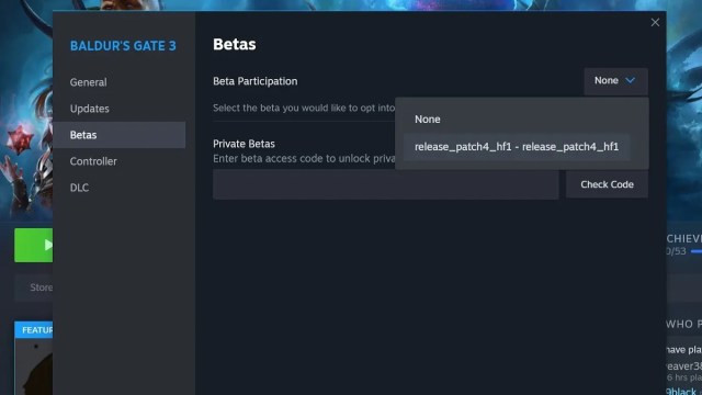 Menú de suscripción beta de Baldur's Gate 3 en Steam. 