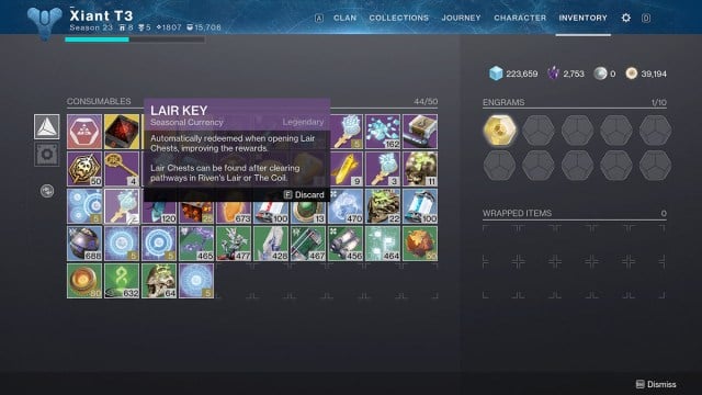 El elemento Lair Key en el inventario de Destiny 2.