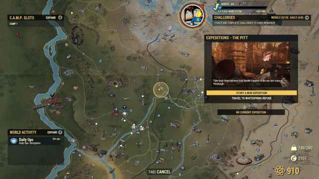 Fallout 76: Cómo encontrar y matar trogs 7 Mapa con el menú Expediciones abierto