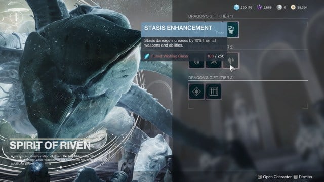 El menú de selección Dragon's Gift con Riven de fondo.