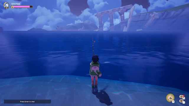 Carácter Palia pescando por la noche con nubes blancas.