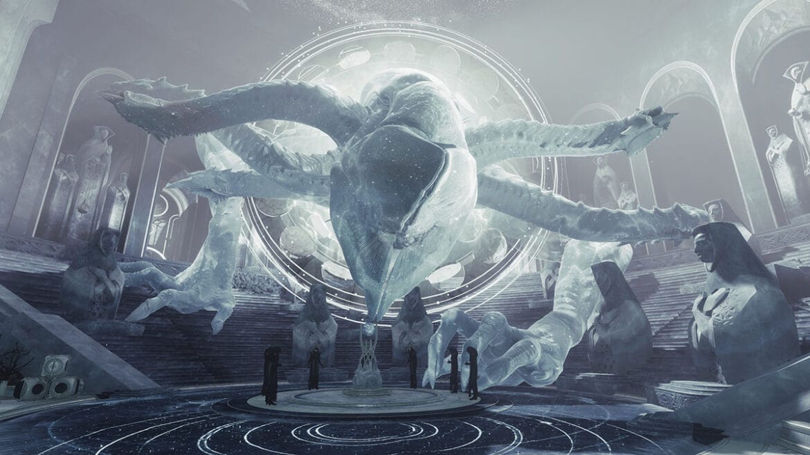 a white multi-armed transparent spider being looks down on guardians.