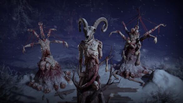 Three Frigid Husks with bone armor stand in the snow.