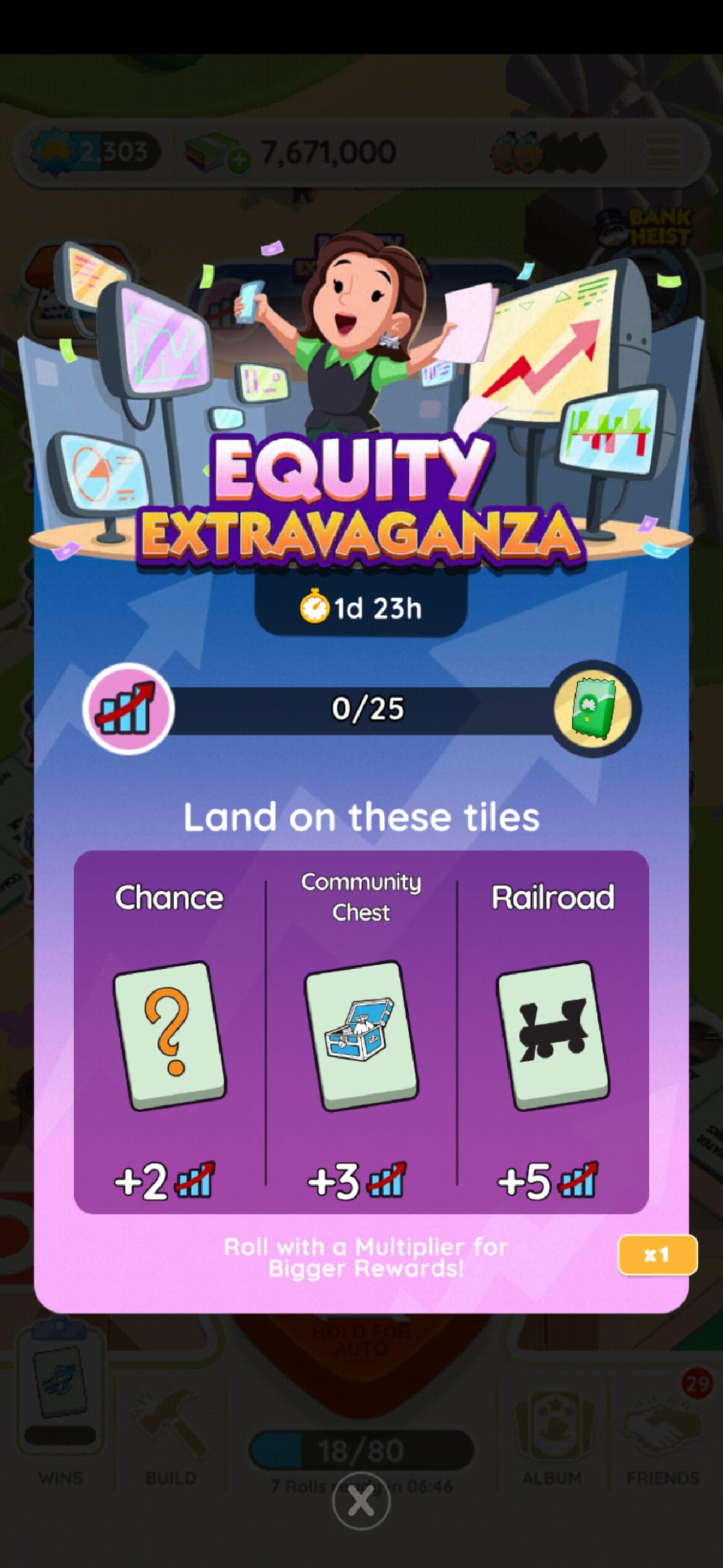A header-sized image for the Equity Extravaganza event in Monopoly GO. The image shows a womanholding a cellphone and a pile of papers while she stands surrounded by screens with varying graphs on them.
