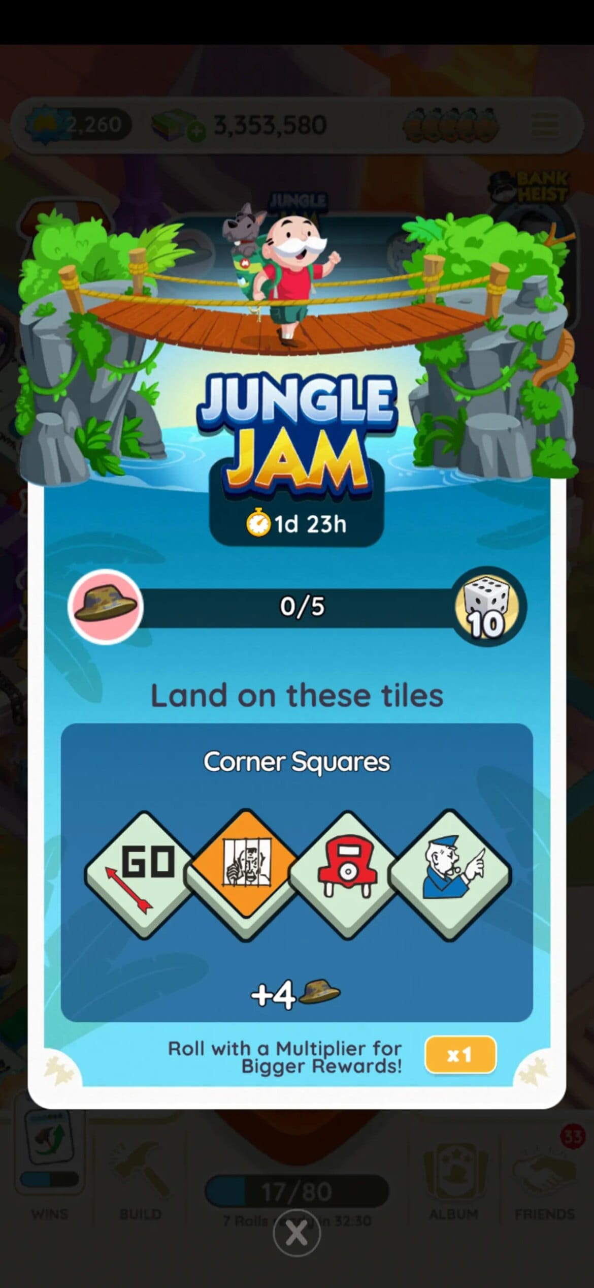 A header-sized image for the Jungle Jam event in Monopoly GO. The picture shows Rich Uncle Pennybags crossing a rickety wooden rope bridge over a river and the logo for the event. There