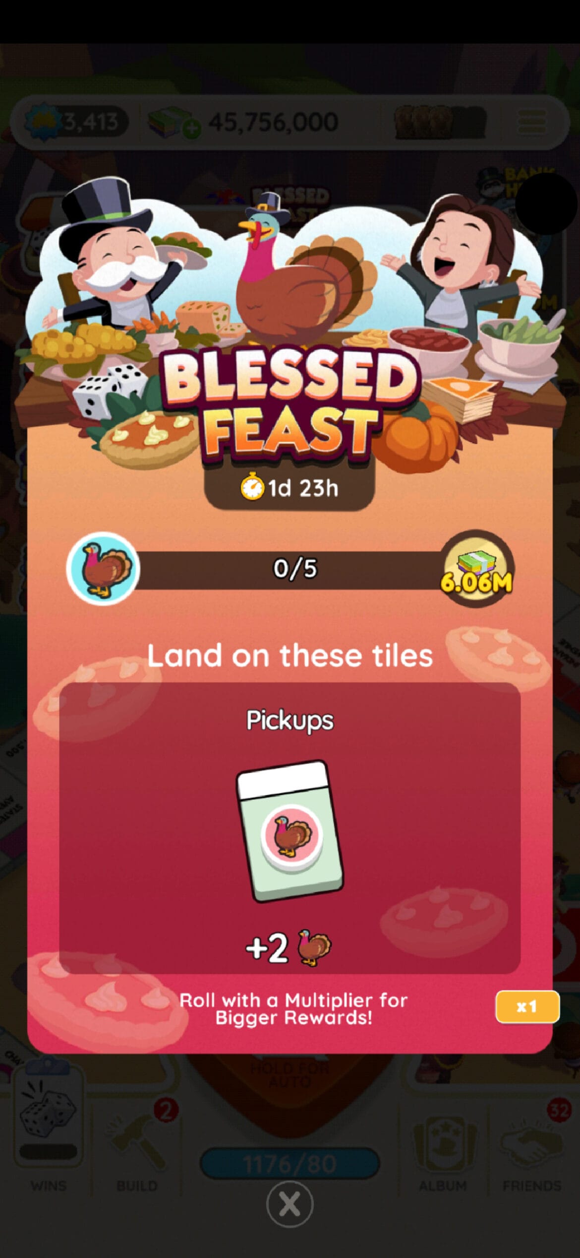 A header-sized image for the Blessed Feast event in Monopoly GO that shows Rich Uncle Pennybags on the left side of a table with a brunette on the right. There