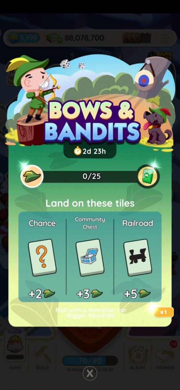 A header-sized image for the Bows & Bandits event in Monopoly GO that shows Rich Uncle Pennybags dressed up like Robin Hood and shooting at a target.
