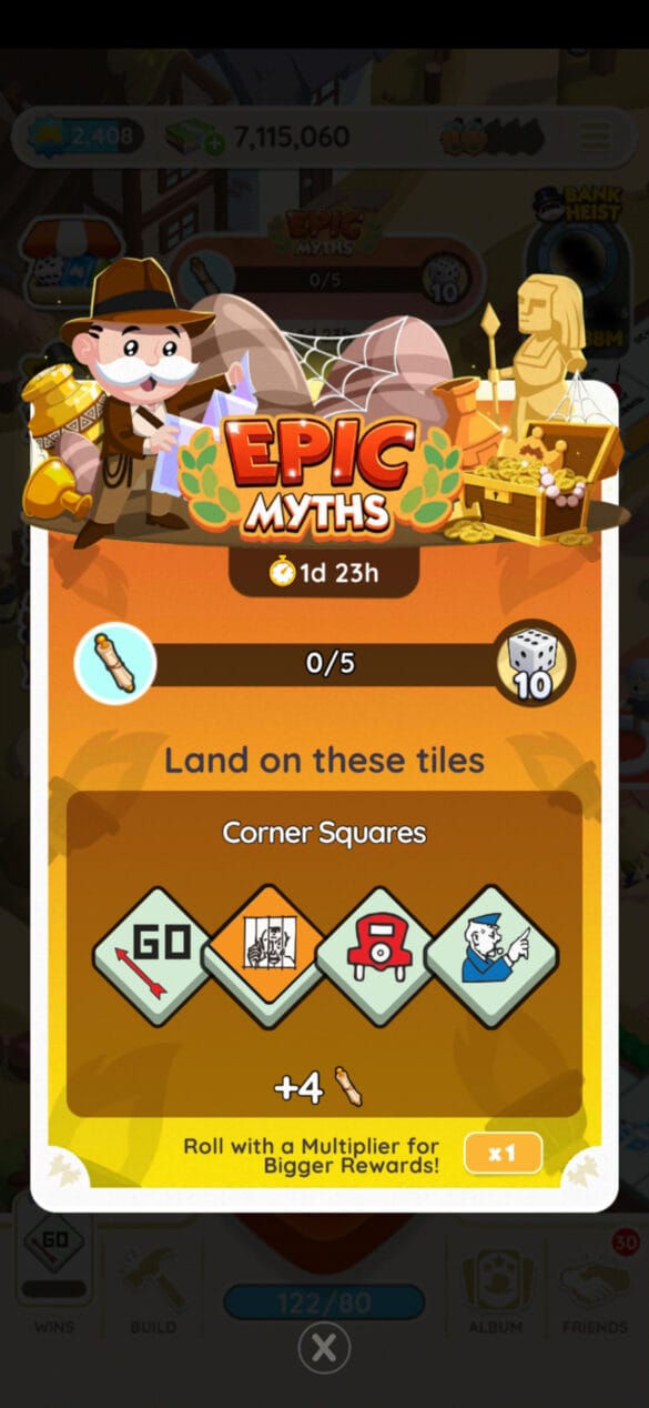 A header for the Epic Myths event in Monopoly GO as part of a guide to all the prizes, milestones, rewards available for the event, how to play, and how to win.