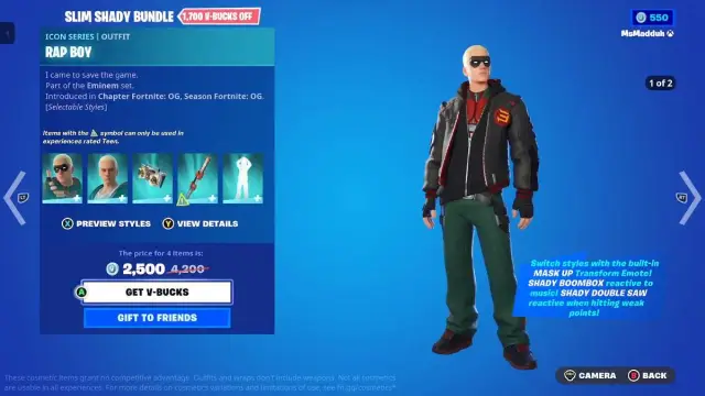 Vista detallada cosmética del chico rap del evento cruzado de Fortnite Eminem.