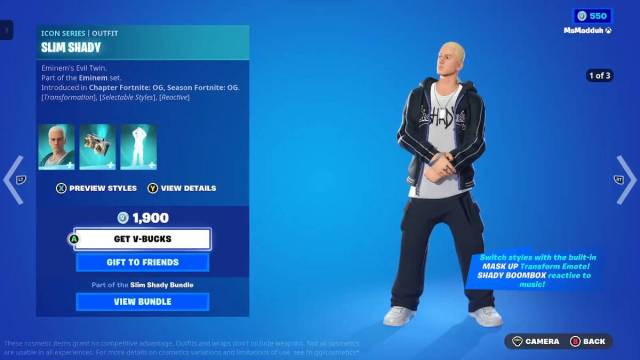Vista detallada de detalles cosméticos delgados y sombreados del evento cruzado de Fortnite Eminem.