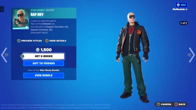 Vista detallada cosmética del chico rap del evento cruzado de Fortnite Eminem.