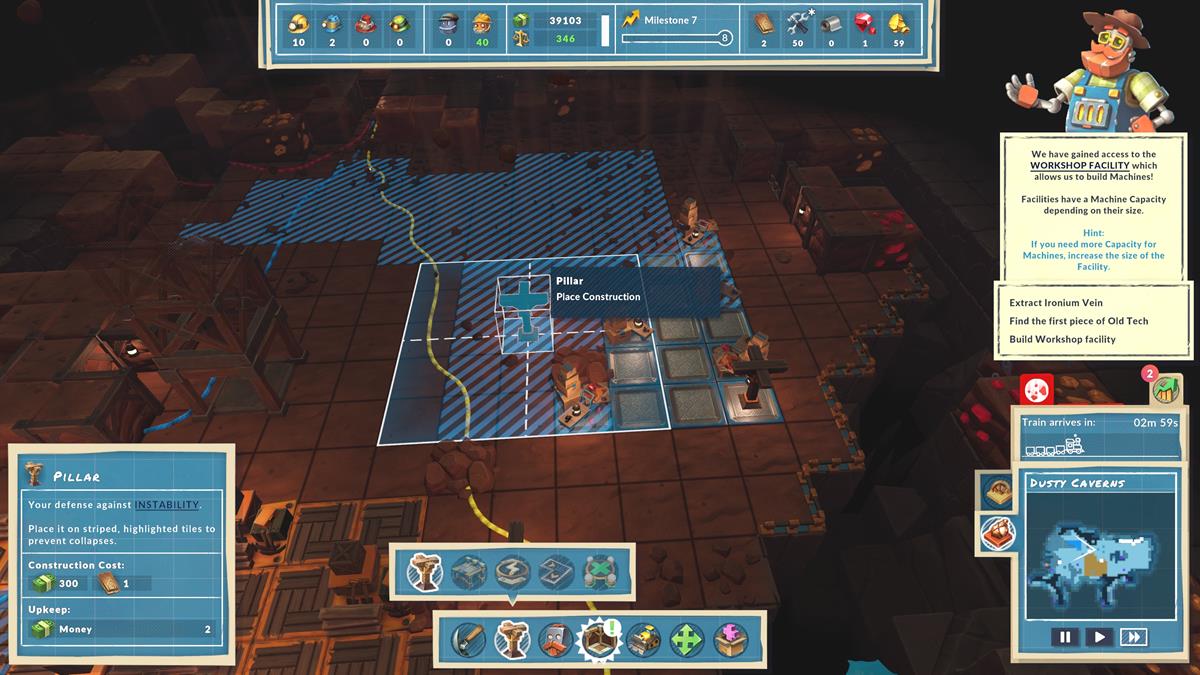 Objeto de pilar resaltado en azul antes de ser colocado sobre bloques de mina marrones.