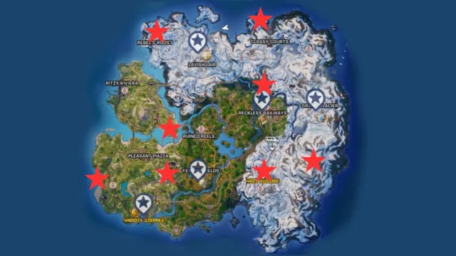 Mapa del Capítulo 5 Temporada 1 de los NPC de Fortnite marcados con estrellas rojas.