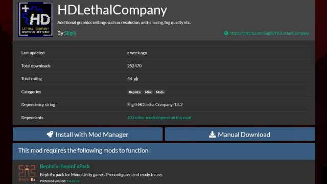 Página con descripción del mod HDLethalCompany