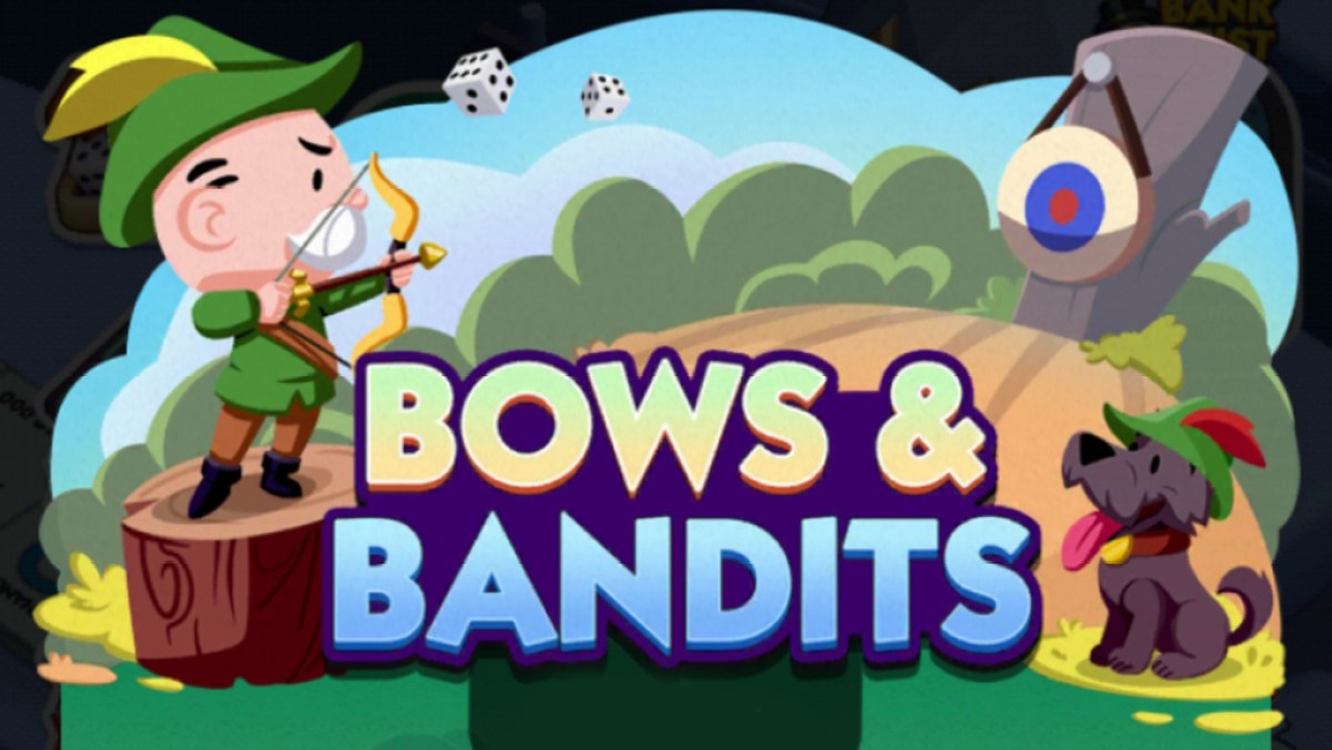Una imagen del tamaño de un encabezado para el evento Bows & Bandits en Monopoly GO que muestra al tío rico Pennybags vestido como Robin Hood y disparando a un objetivo.