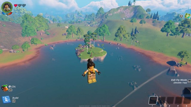 Un gran lago con una isla en Lego Fortnite