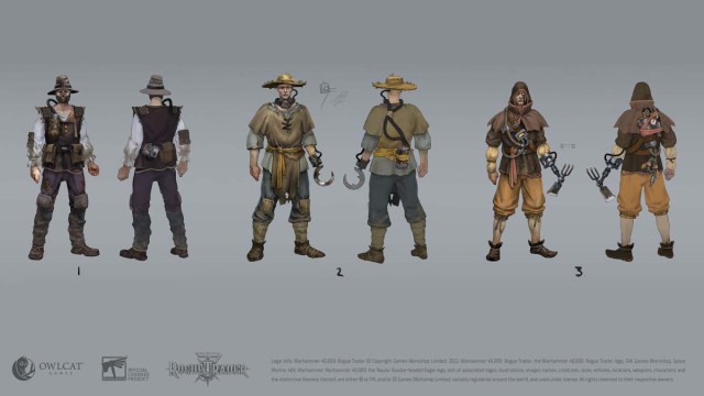 Varias prendas de personajes en Warhammer 40K Rogue Trader