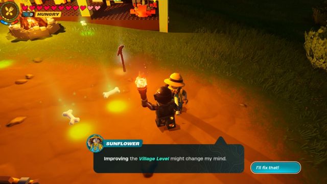 Minifigura LEGO hablando con el npc Girasol sobre un pueblo lleno de gente.