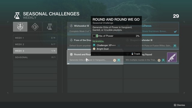 La pantalla de desafío estacional Round and Round We Go en Destiny 2