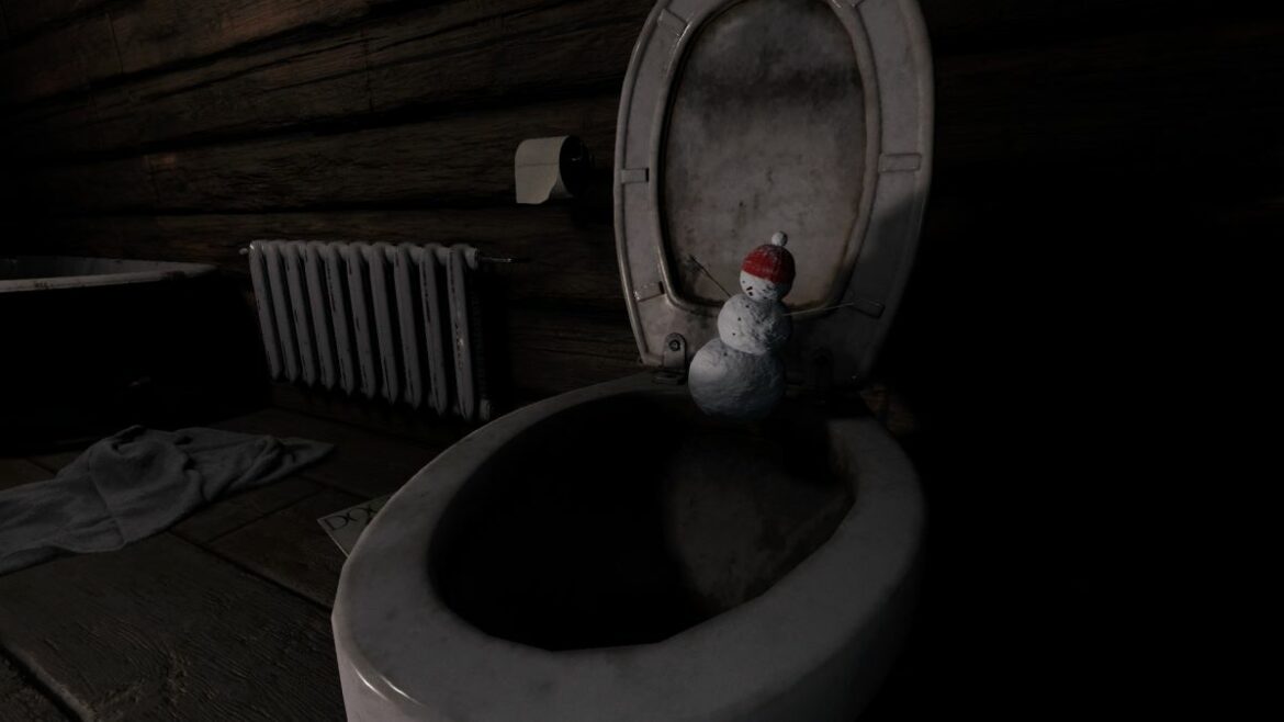 A snowman panicking over a toilet in Phasmophobia.
