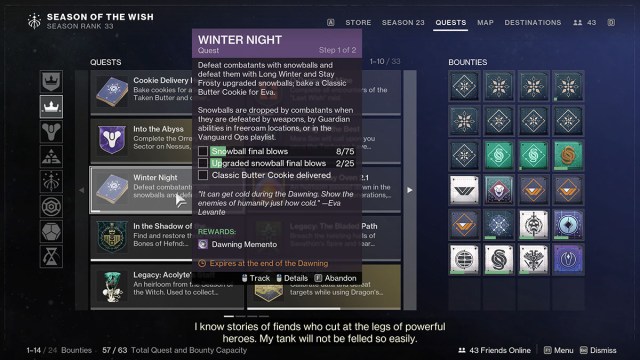La pestaña de misiones de Destiny 2 que muestra la misión de la Noche de invierno