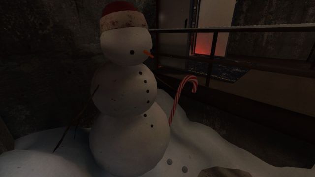 Un muñeco de nieve en el lobby de Phasmophobia.