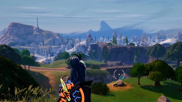 Personaje de Fortnite con vistas al paisaje del capítulo 5 temporada 1.