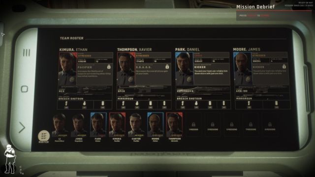 Pantalla de gestión del equipo SWAT en Ready or Not.