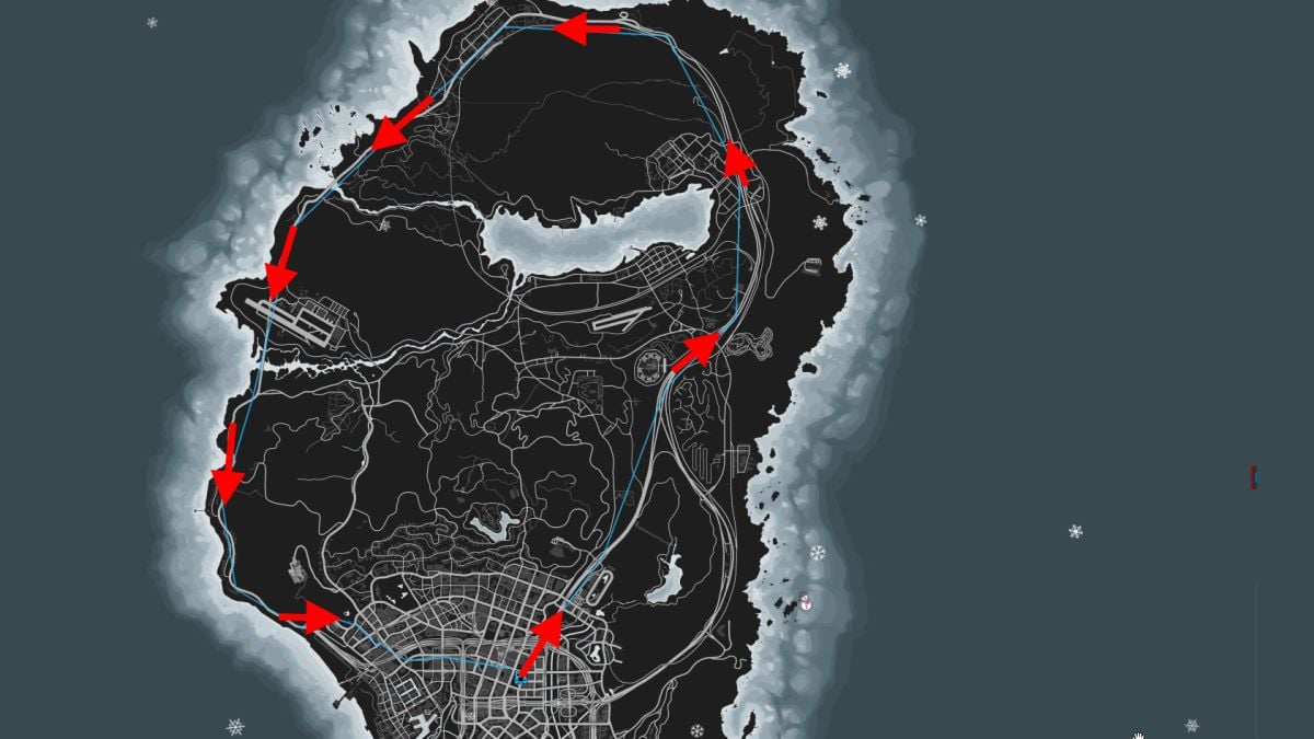 Un mapa que sigue la ruta Happy Holidays Hauler en GTA 5 Online 2023