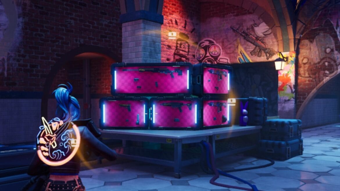 Fortnite Chapter 5 Season 1 weapon case location with weapon case in front of player.