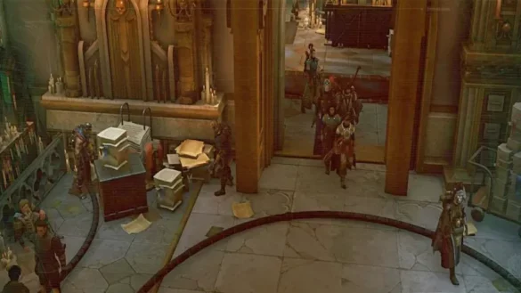 characters in armor walking in a room in warhammer 40k rogue trader