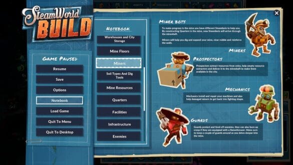 Shows different types of miner bots in SteamWorld Build