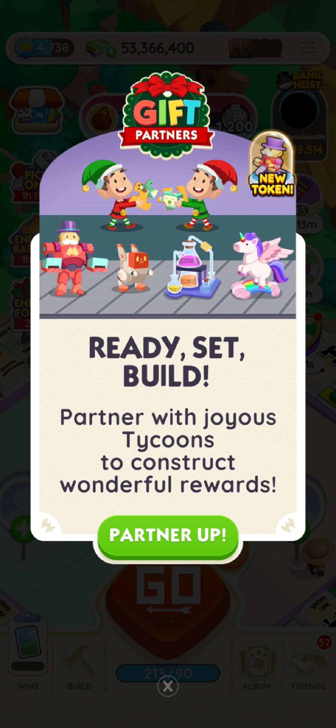 A header for the Gift Partner event in Monopoly GO showing two elves exchanging fits.