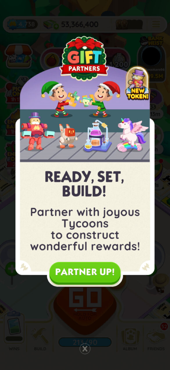 A header for the Gift Partner event in Monopoly GO showing two elves exchanging fits.