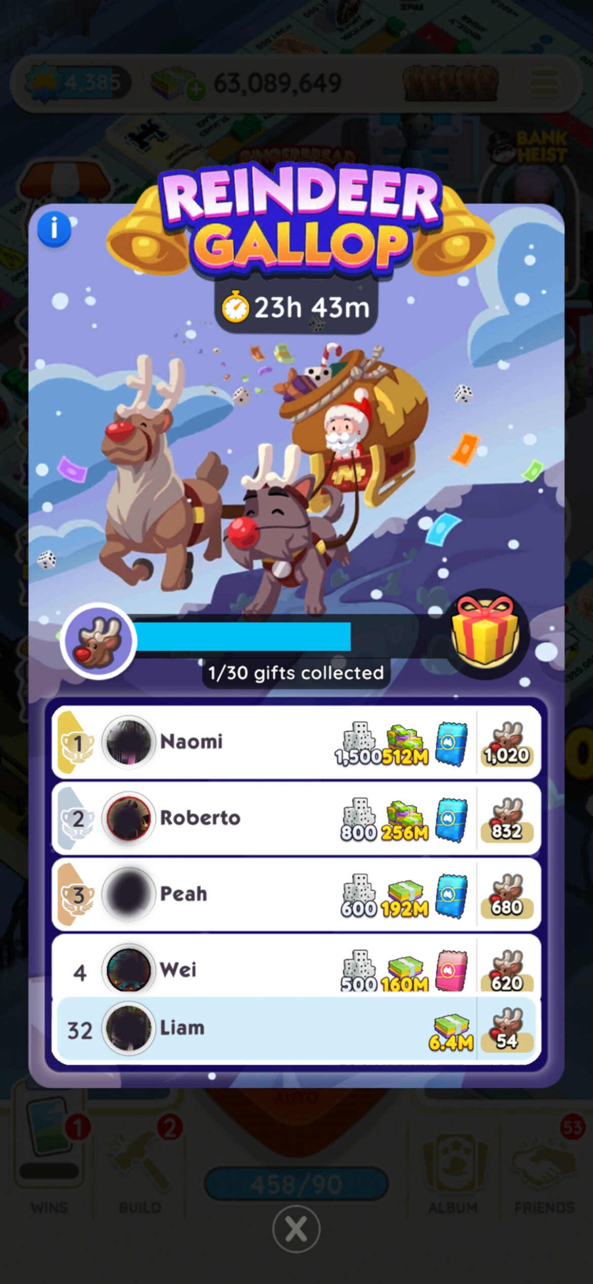 A header-sized image for the Reindeer Gallop event in Monopoly GO showing Rich Uncle Pennybags riding Santa