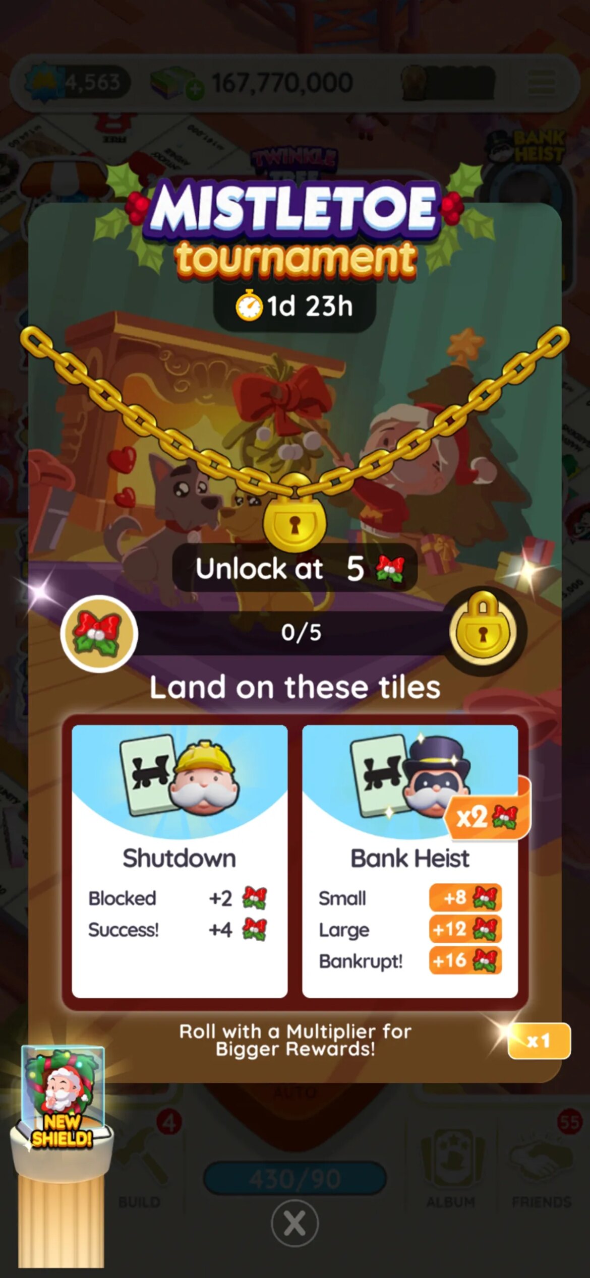 A header-sized image for the Mistletoe tournament in Monopoly GO. The image shows Mr. Monopoly in front of a fire with his dog.