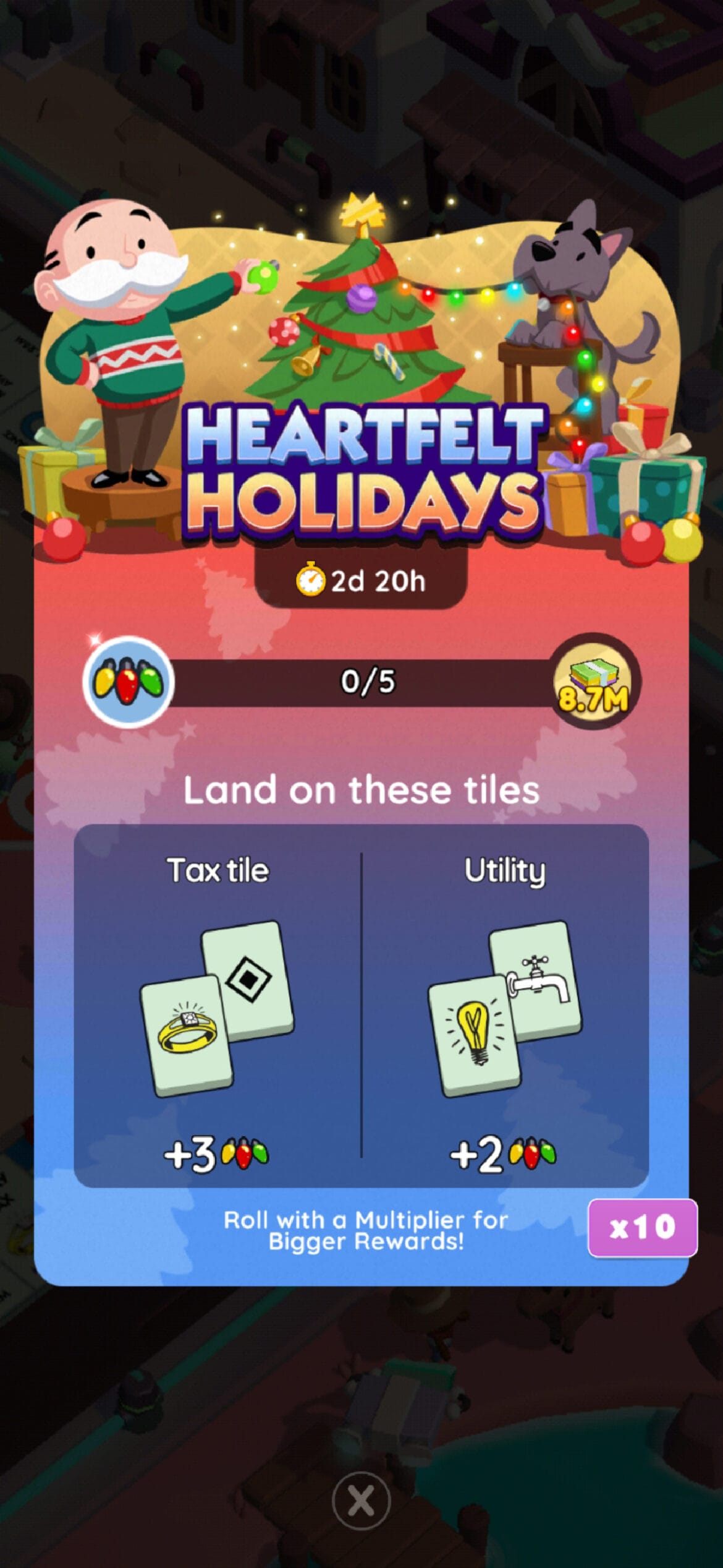 A header-sized image for the Heartfelt Holidays event in Monopoly GO. The image shows Rich Uncle Pennybags and a dog decorating a Christmas tree with lights.