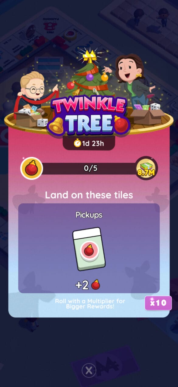 A header-sized image for the Twinkle Tree event in Monopoly GO. The image shows a young child with blonde hair wrapping tinsel around a Christmas tree while a woman with dark hair hangs ornaments.