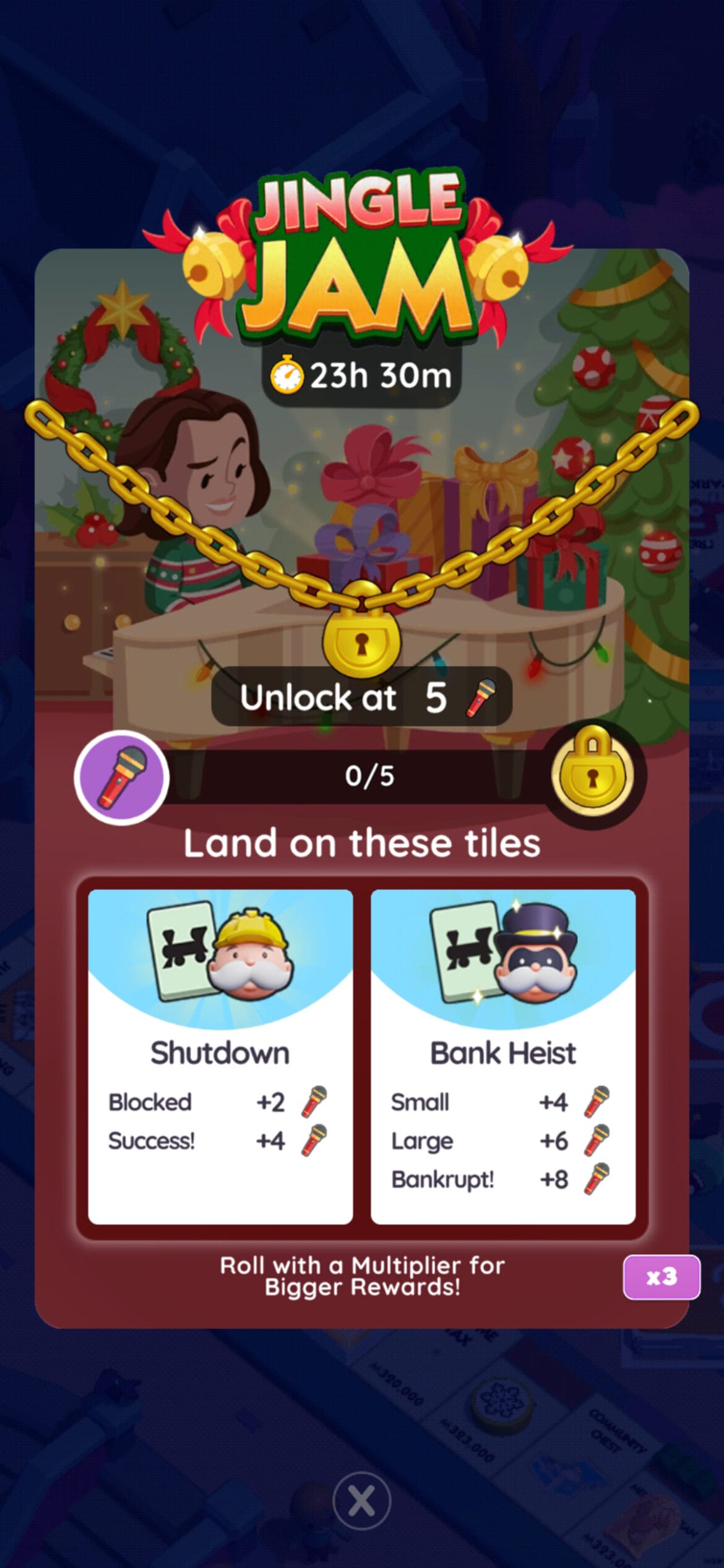 A header for the Jingle Jam event in Monopoly GO showing the logo for the event and a woman looking at presents on a piano.