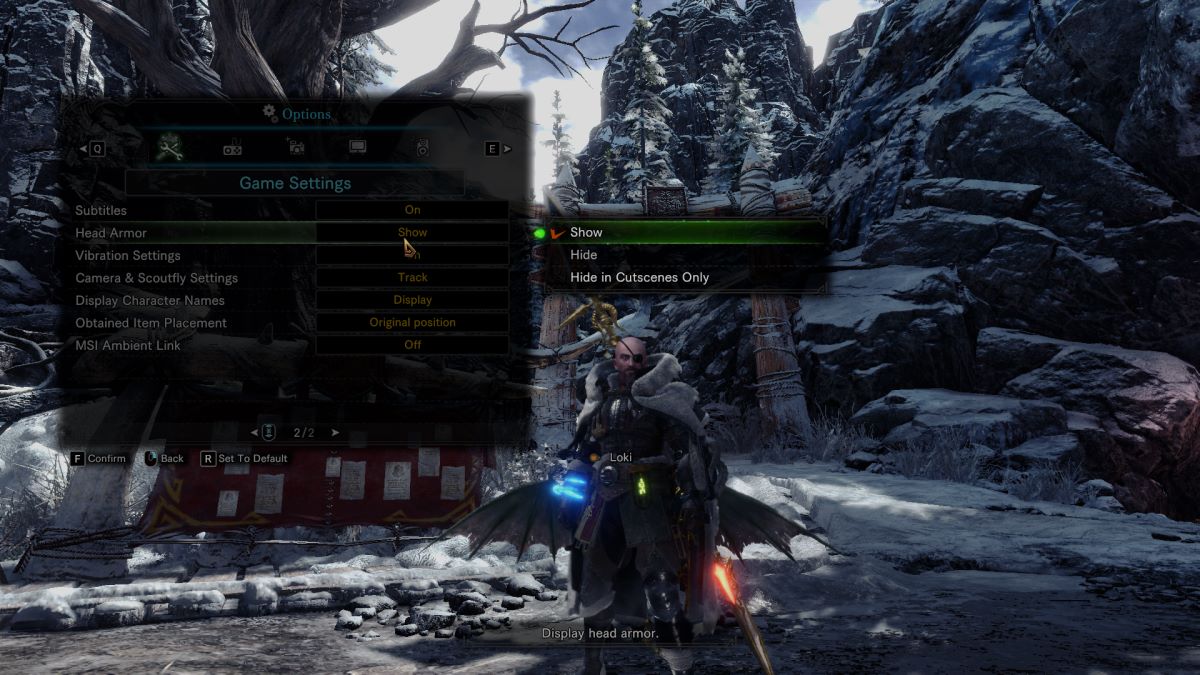 La opción Ocultar casco en MHW.