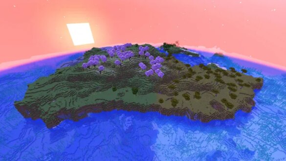 Minecraft island with cherry blossom tress in the sunset