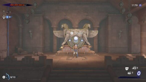 sargon in front of a fast travel station in prince of persia the lost crown