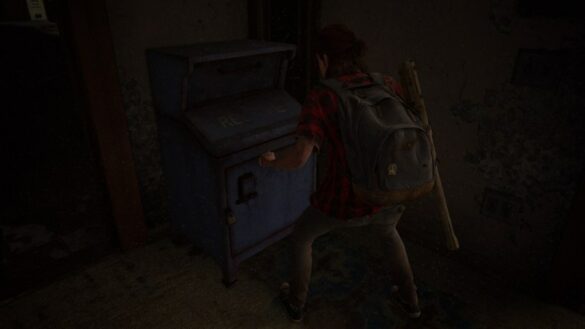 Ellie depositing items in a blue mailbox dead drop in TLoU2 No Return.