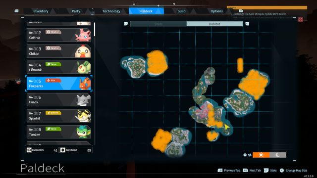 El mapa de hábitat de Foxparks en Palworld.