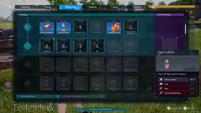 Cómo conseguir y cultivar huevos de Pal en Palworld 12 Requisitos de construcción de la incubadora en la pestaña Tecnología