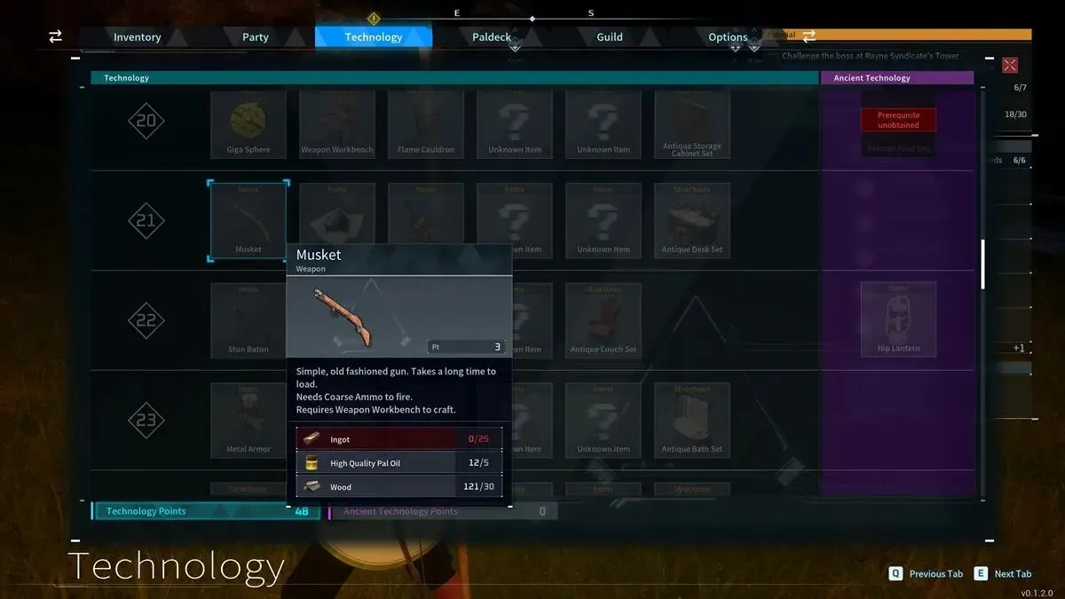 Las mejores armas en Palworld y cómo conseguirlas 7 Elaboración de mosquetes en el menú Tecnología de Palworld