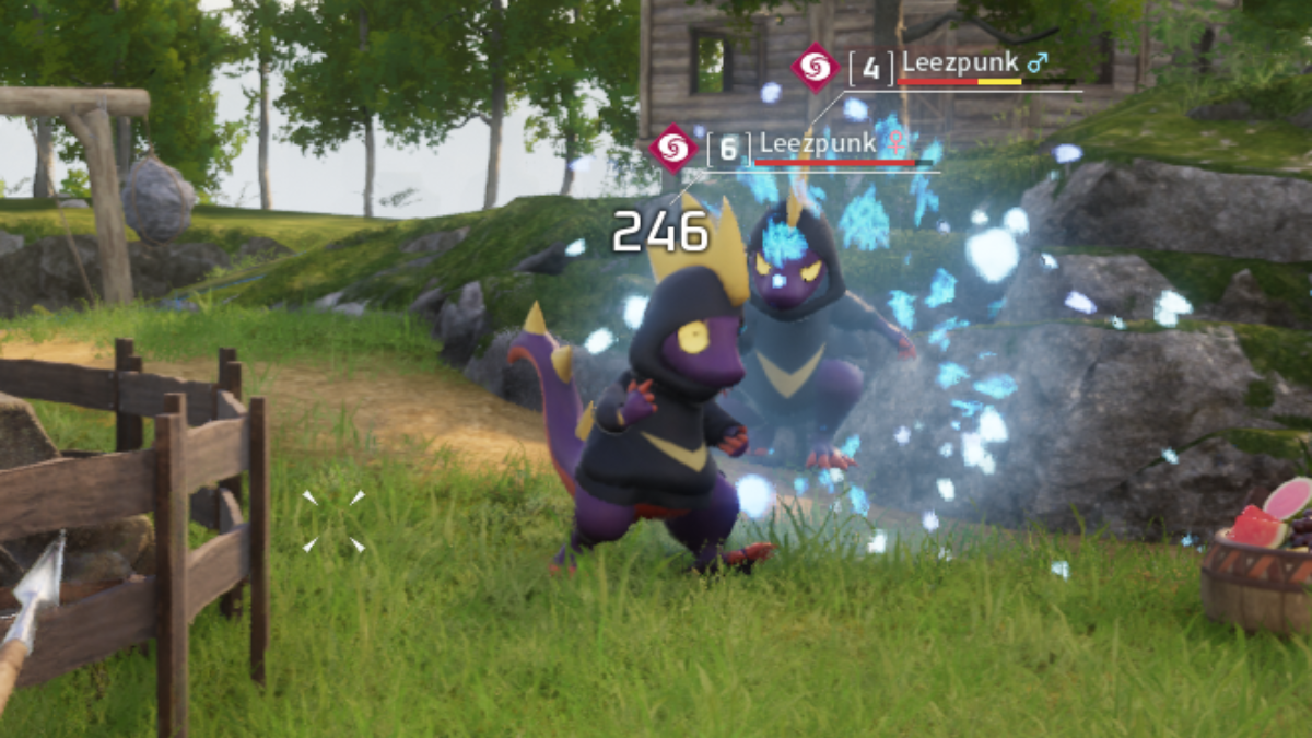 Batalla de Leezpunk en una base en Palworld.