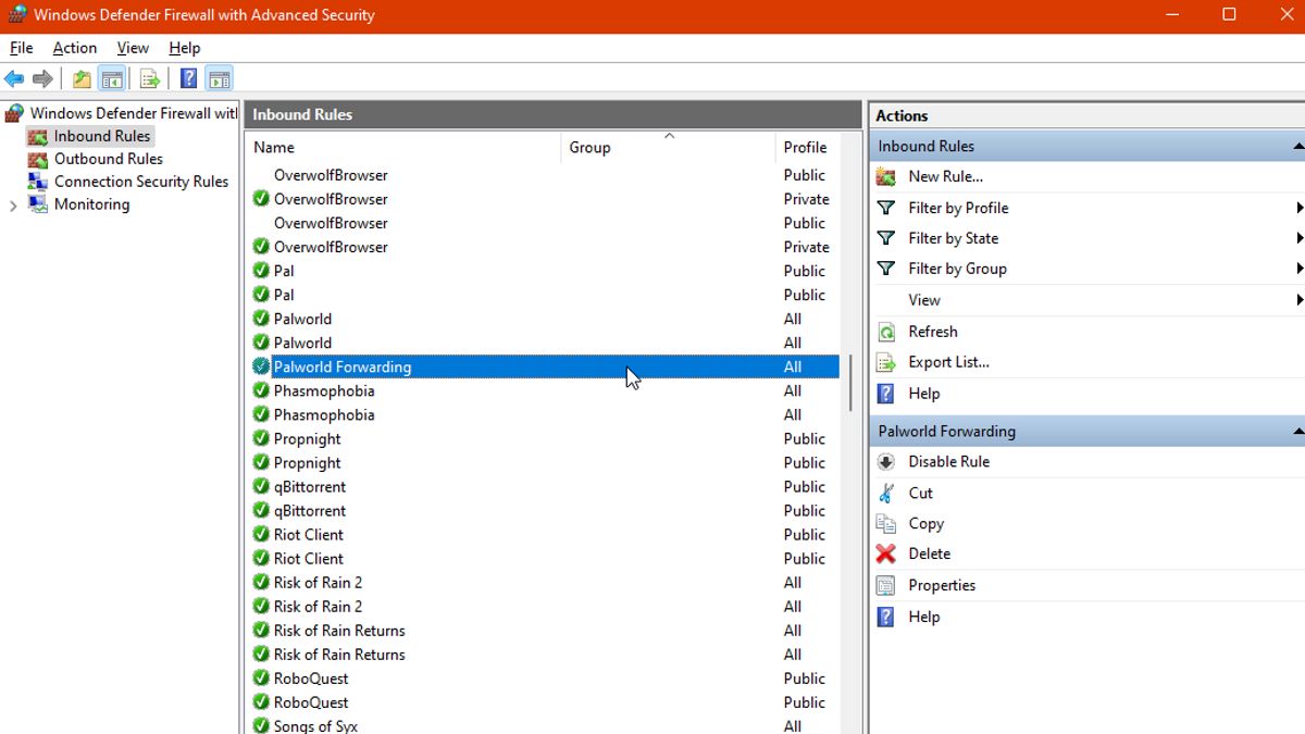 El menú de reenvío de puertos en Windows Defender