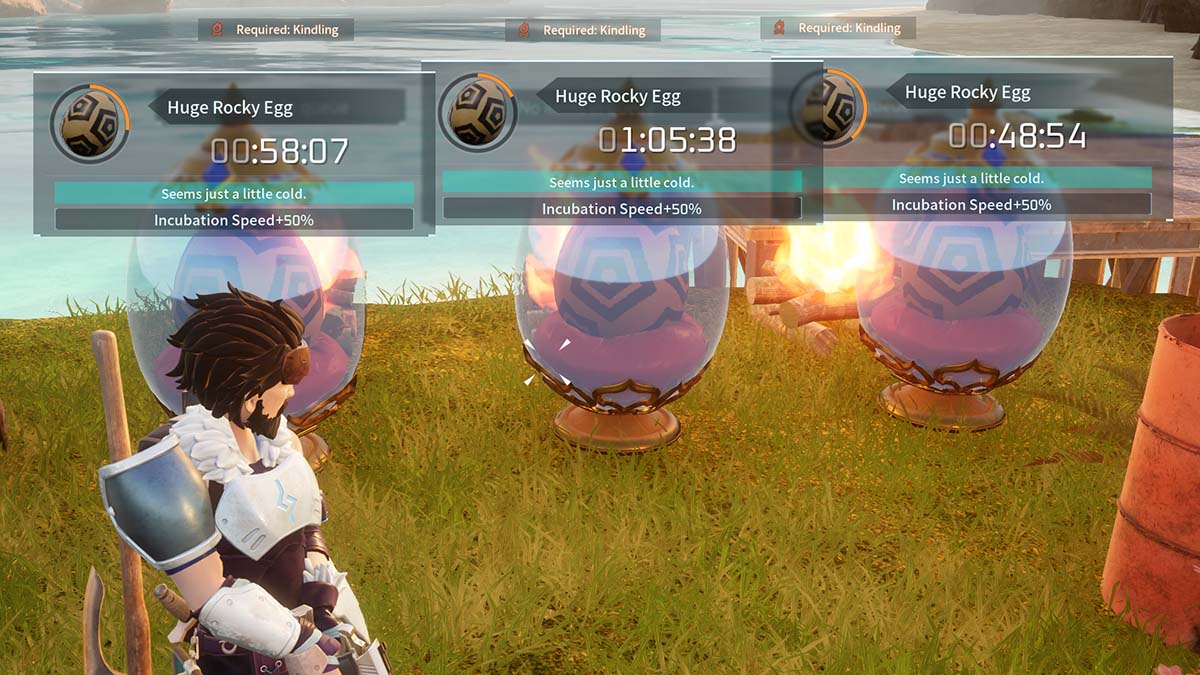 Tres enormes huevos rocosos incubándose en Palworld
